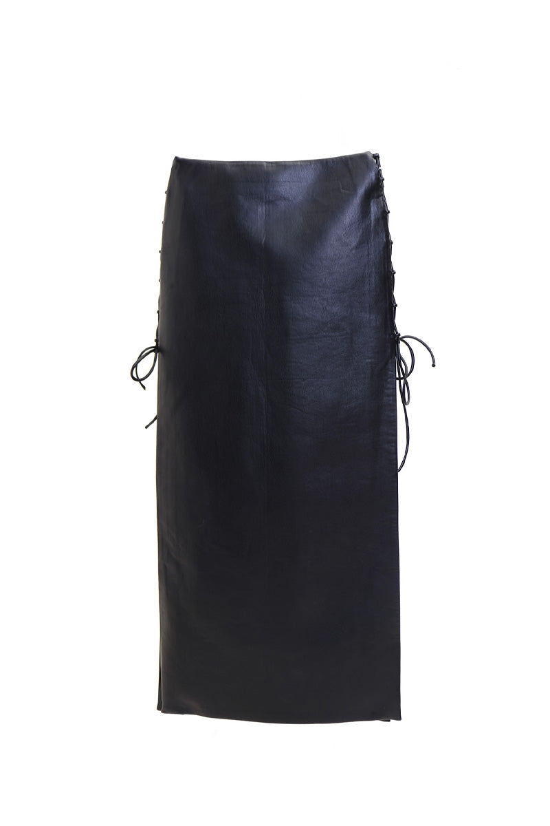 RIBBONED FAUX LEATHER MAXI SKIRT