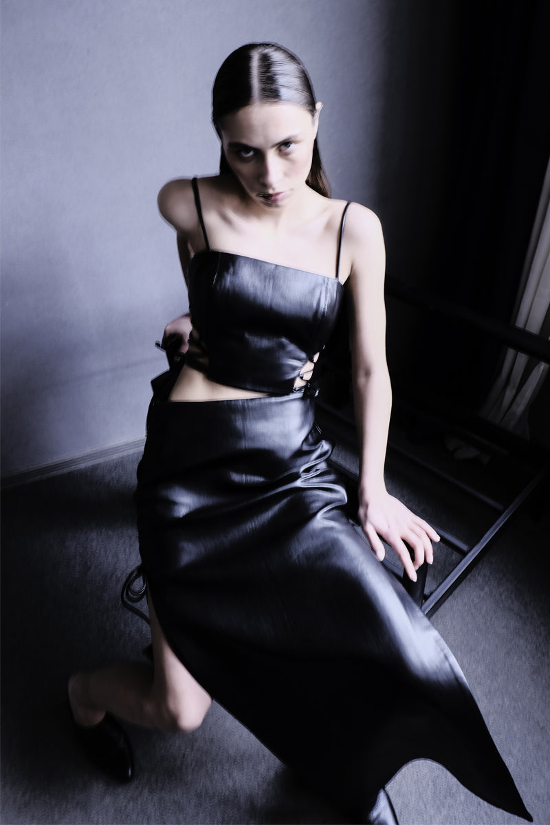 RIBBONED FAUX LEATHER MAXI SKIRT