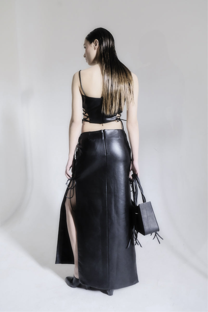 RIBBONED FAUX LEATHER MAXI SKIRT
