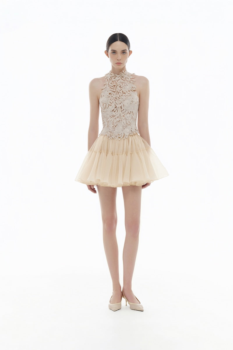 BEIGE LAYERED TULLE MINI SKIRT
