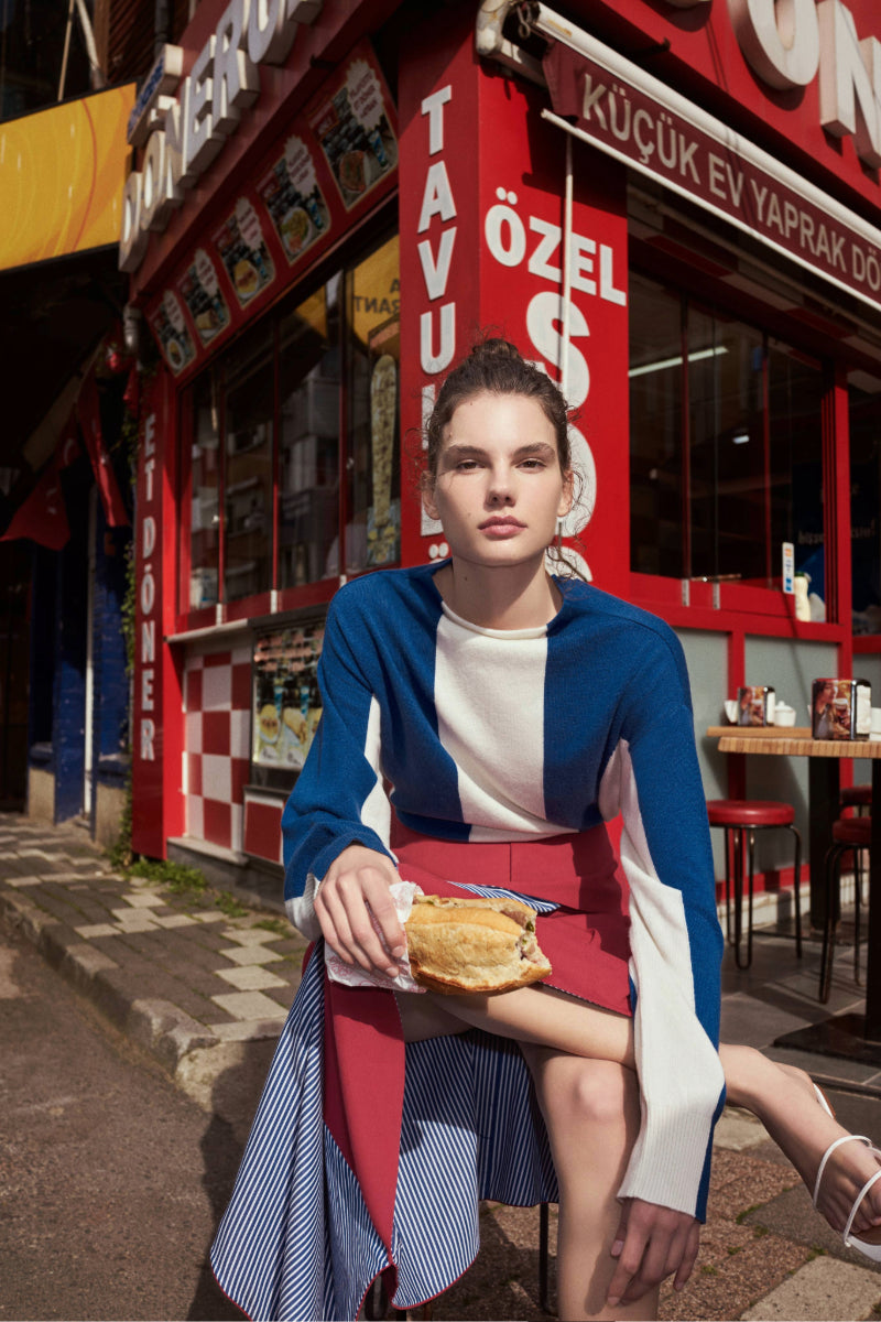 KEYRA RED AND BLUE COTTON STRIPED SKIRT