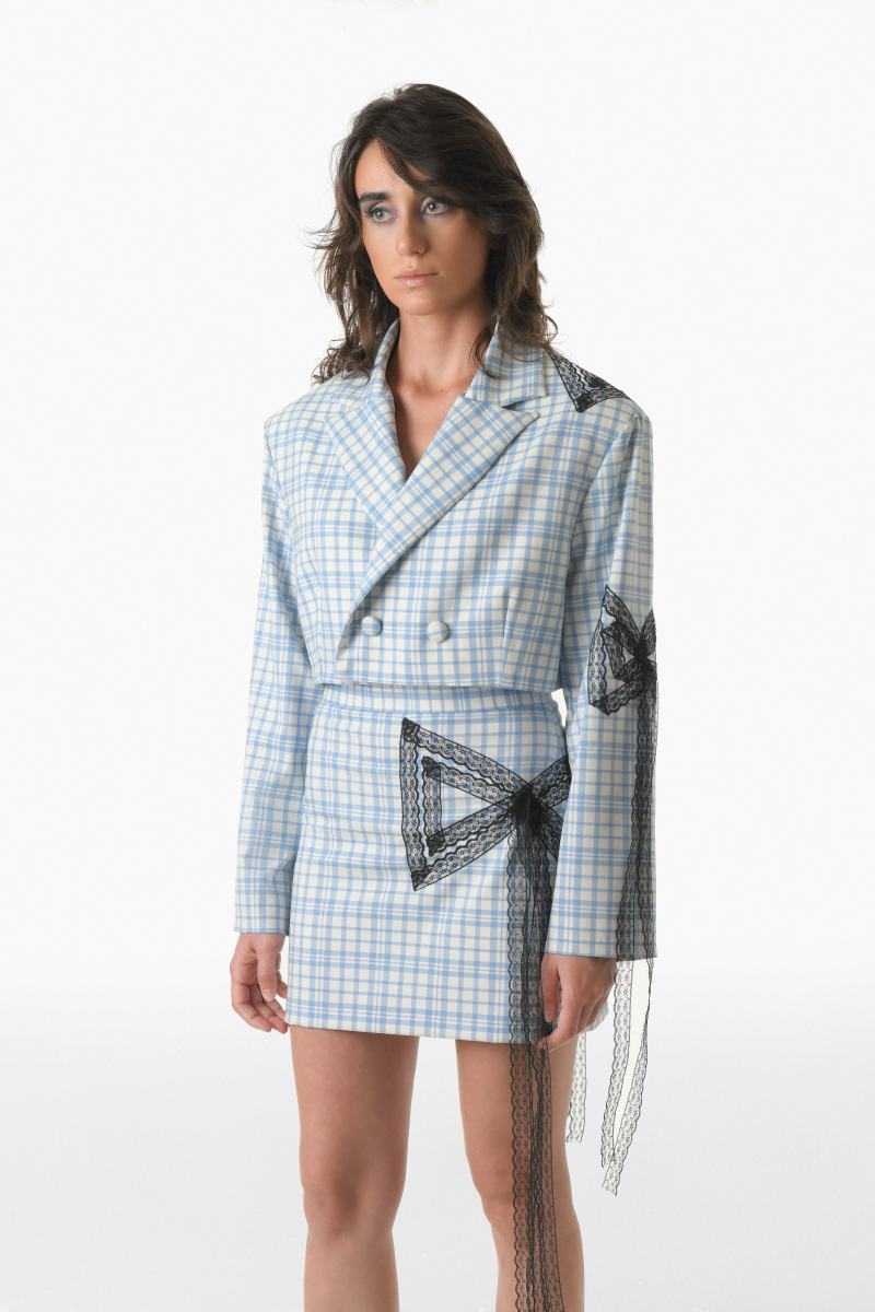 CHECKERED SKIRT WITH BOW TIE DETAIL IN BLUE AND BLACK