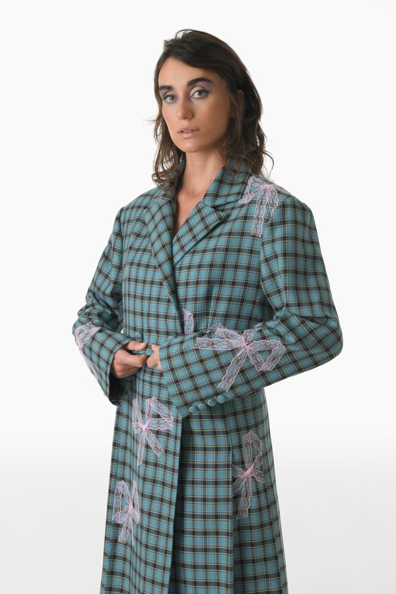 CHECKERED PLEATED SKIRT WITH BOW TIES IN TEAL AND PINK