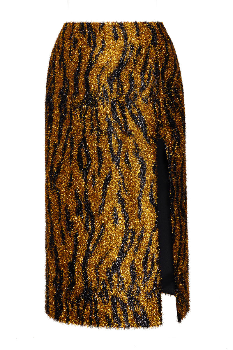 FUZZY HIGH SLIT MIDI SKIRT IN LEOPARD PRINT