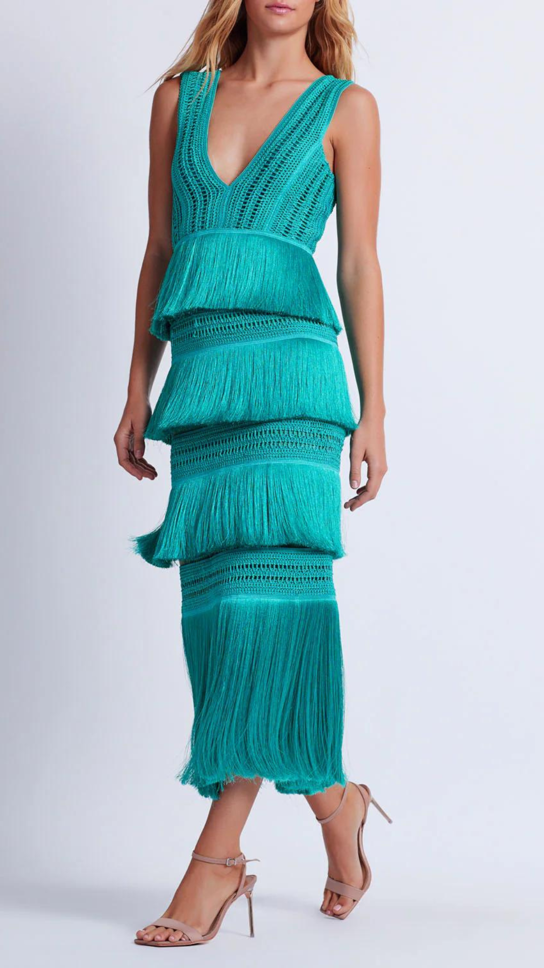 Plunging Fringe Midi Dress