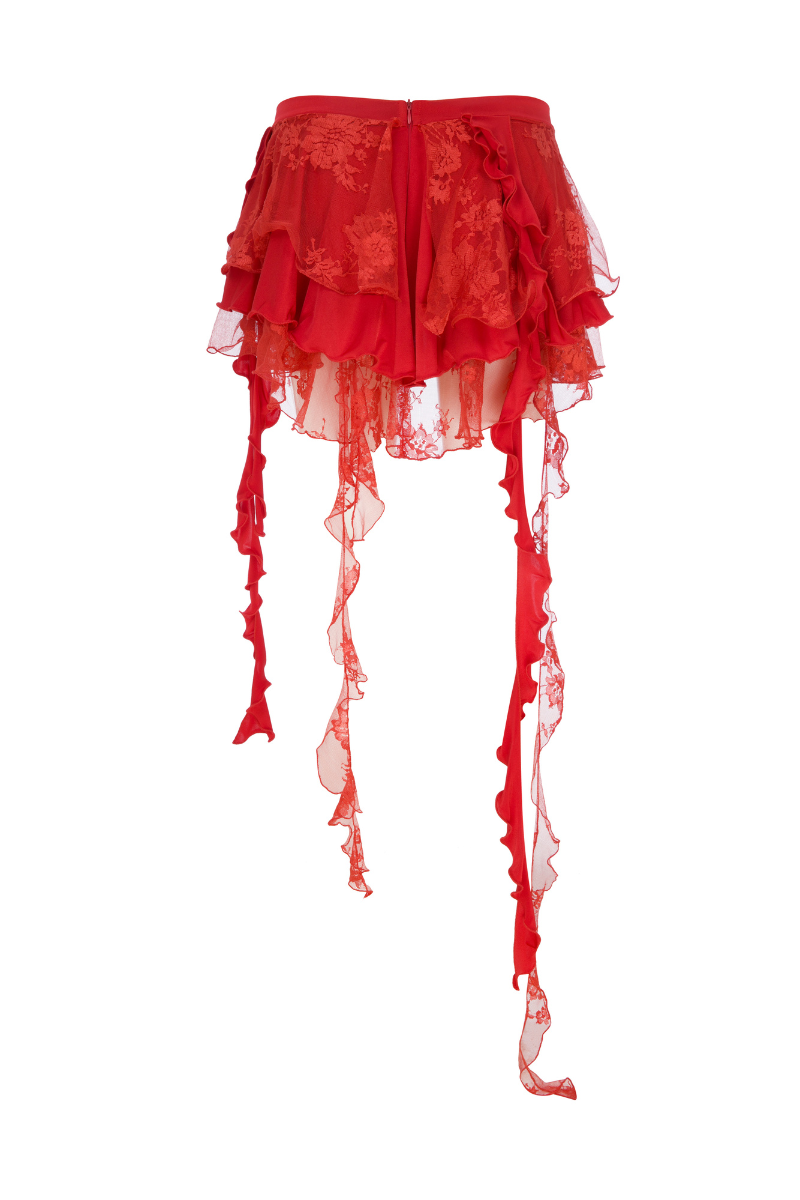 LACE AND JERSEY MINI RUFFLED SKIRT