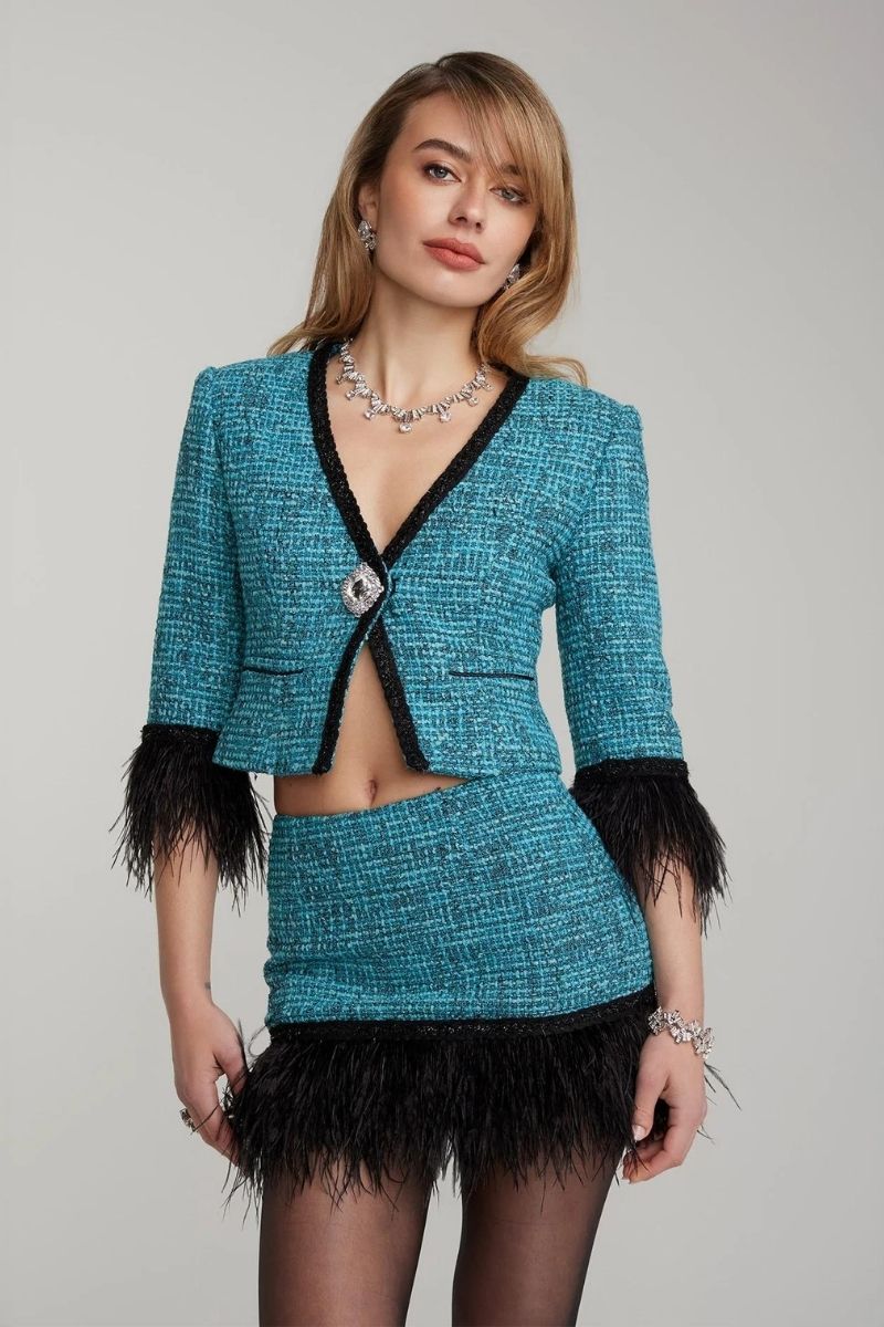 DAPHNE BLUE TWEED FEATHER-TRIMMED MINI SKIRT