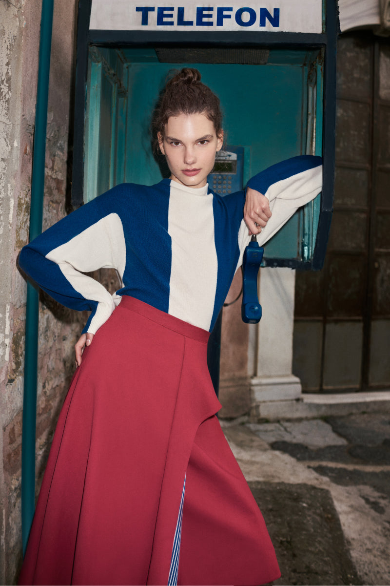 KEYRA RED AND BLUE COTTON STRIPED SKIRT