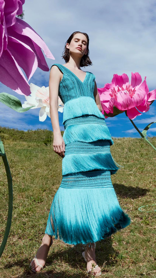 Plunging Fringe Midi Dress