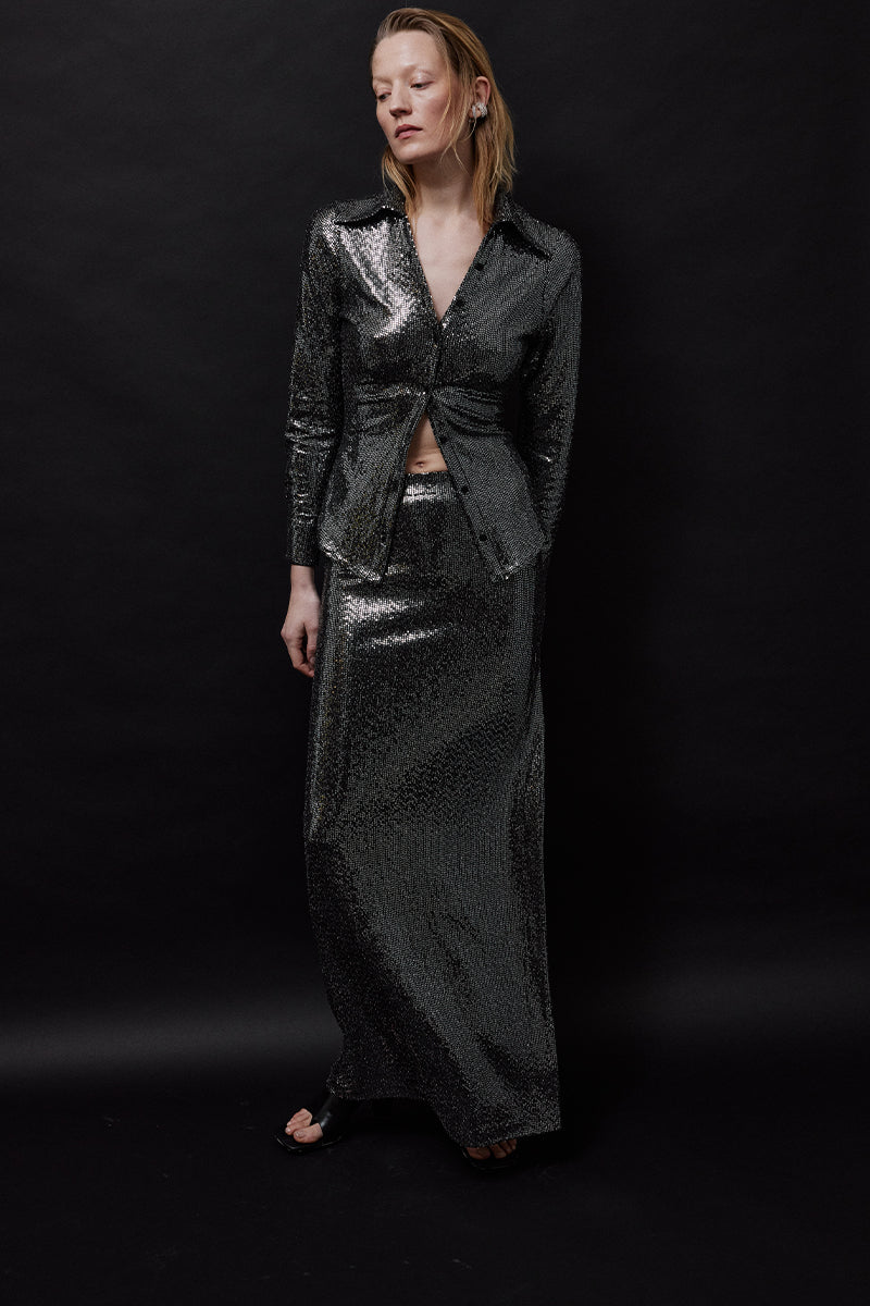 METALLIC MID-RISE MAXI SKIRT