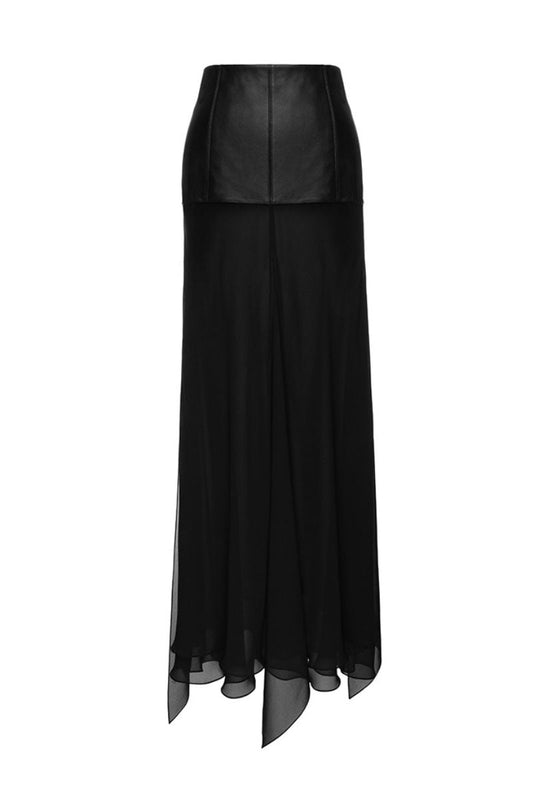 LONG SKIRT WITH LEATHER IN BLACK
