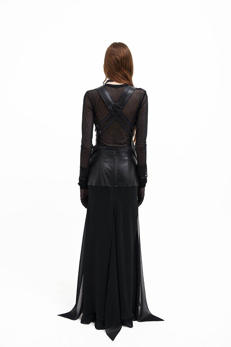 LONG SKIRT WITH LEATHER IN BLACK