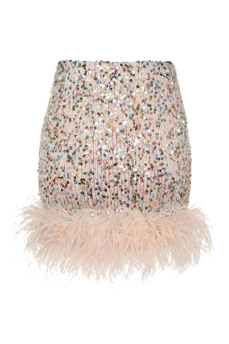 FEATHER TRIMMED MINI SKIRT WITH BOWS IN MULTI