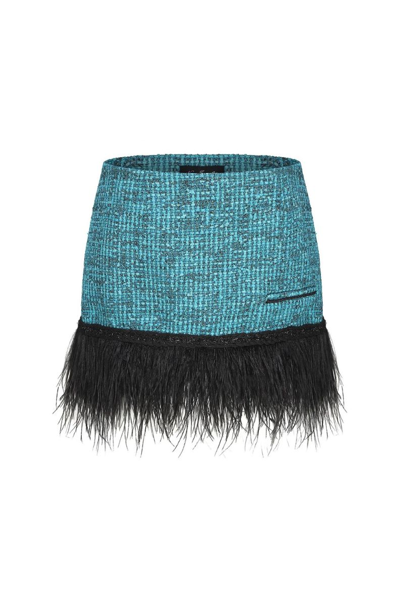 DAPHNE BLUE TWEED FEATHER-TRIMMED MINI SKIRT