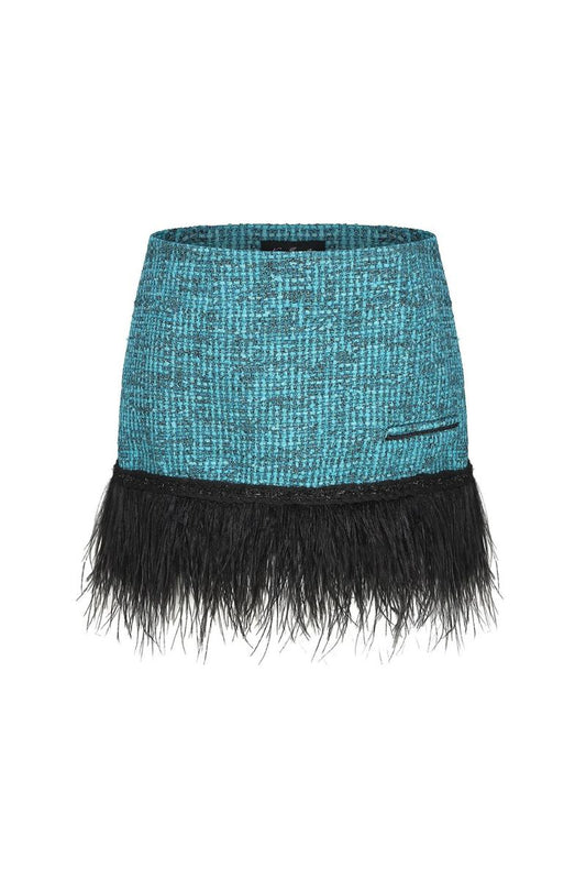 DAPHNE BLUE TWEED FEATHER-TRIMMED MINI SKIRT