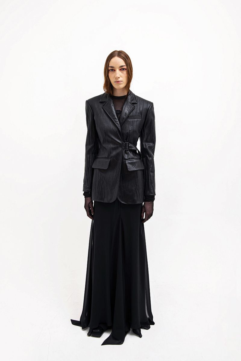 LONG SKIRT WITH LEATHER IN BLACK