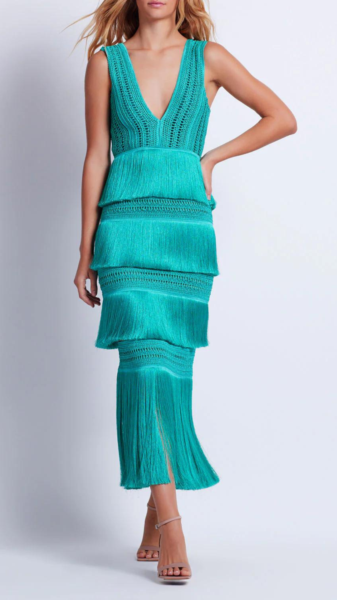 Plunging Fringe Midi Dress