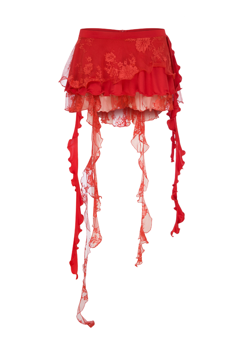 LACE AND JERSEY MINI RUFFLED SKIRT