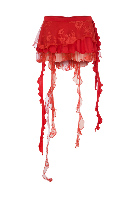LACE AND JERSEY MINI RUFFLED SKIRT