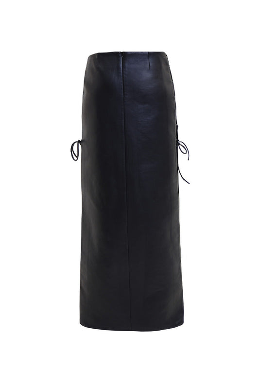RIBBONED FAUX LEATHER MAXI SKIRT