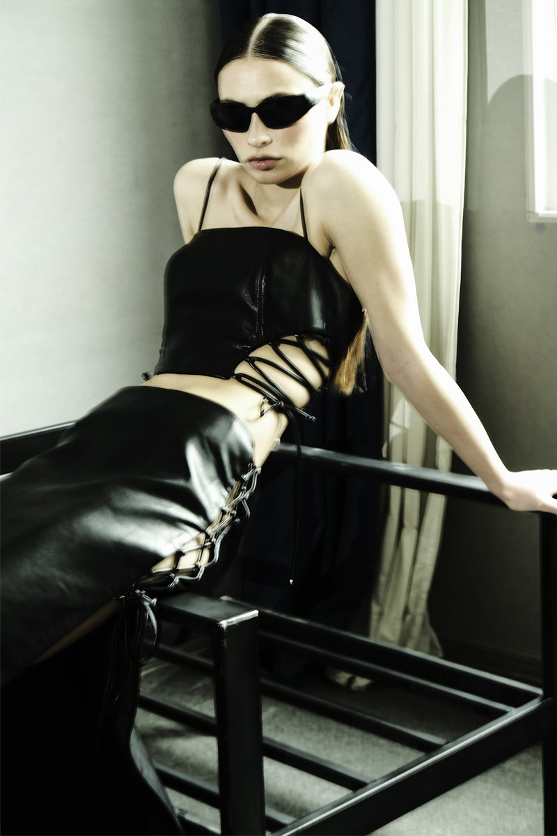 RIBBONED FAUX LEATHER MAXI SKIRT