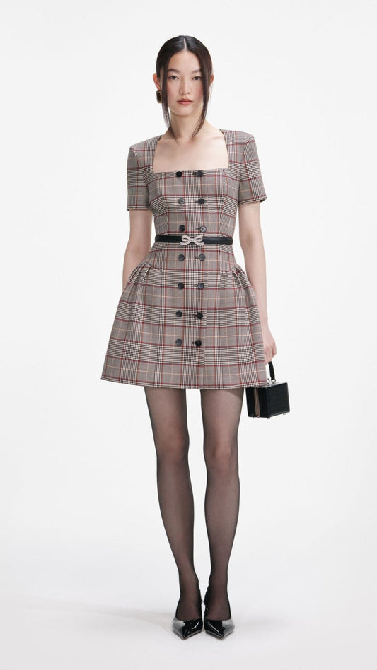 Brown Check Short Sleeve Mini Dress
