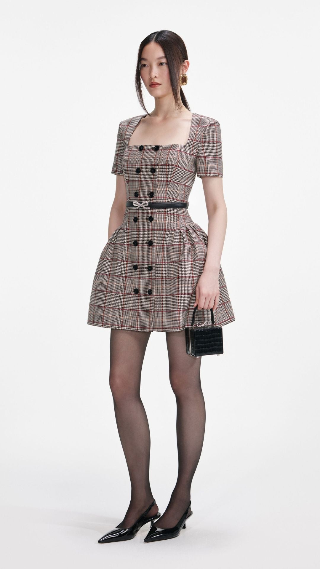 Brown Check Short Sleeve Mini Dress