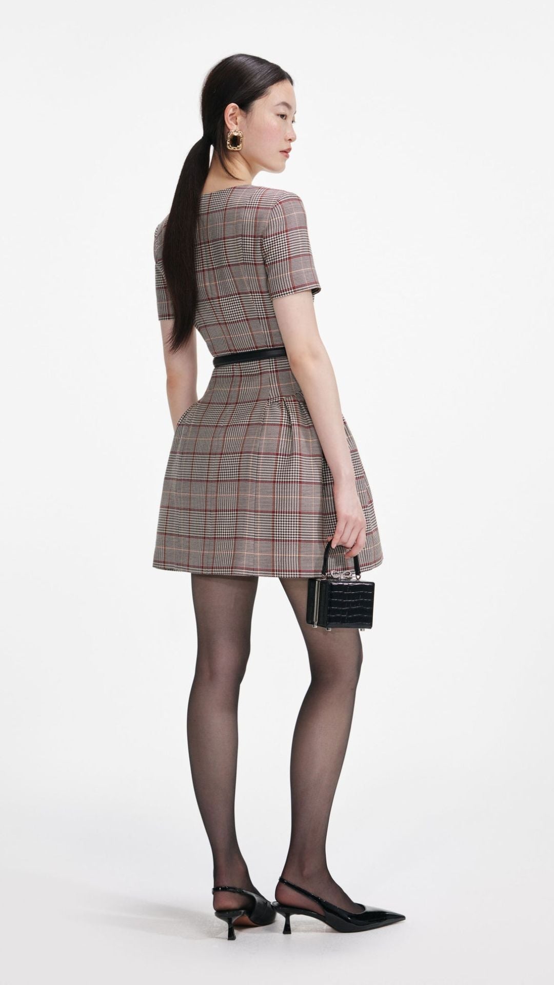 Brown Check Short Sleeve Mini Dress