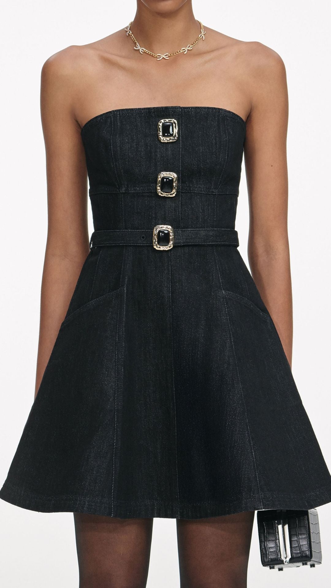 Black Denim Bandeau Mini Dress
