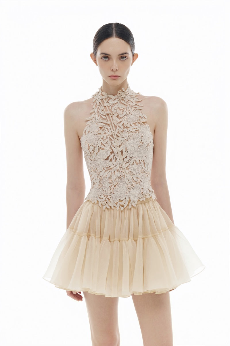 BEIGE LAYERED TULLE MINI SKIRT