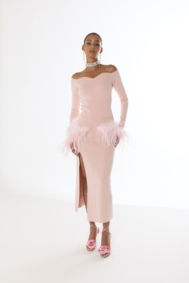 PINK VANILLA KNIT SKIRT WITH FEATHERS