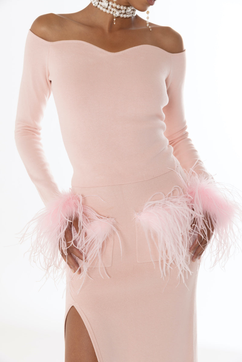 PINK VANILLA KNIT SKIRT WITH FEATHERS