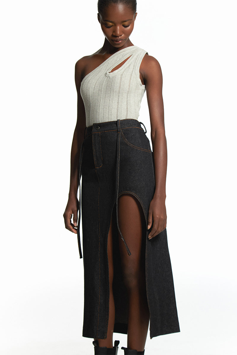 CUT OUT SLIT DENIM SKIRT