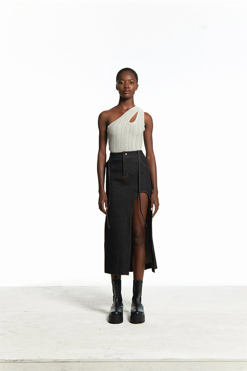 CUT OUT SLIT DENIM SKIRT
