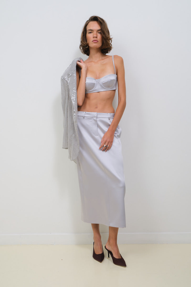 STRUCTURED SILVER SATIN SKIRT