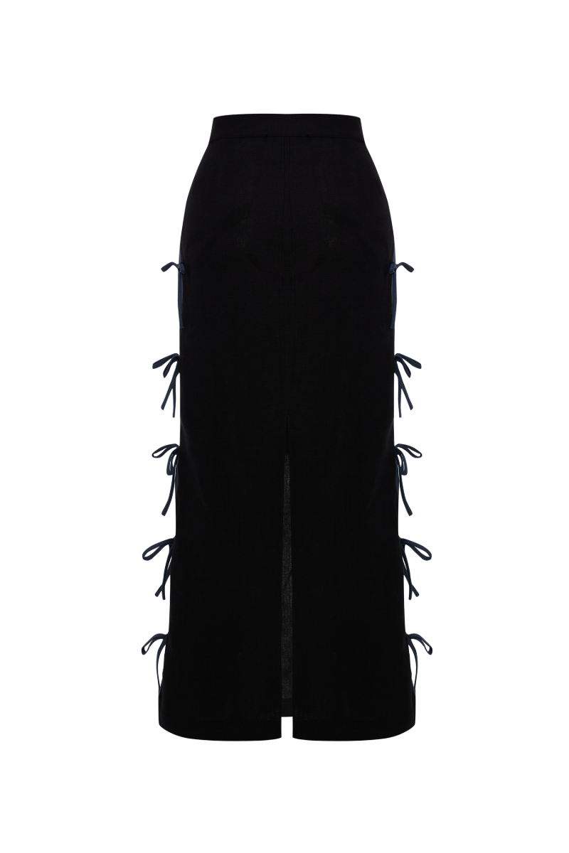CAROLINA BLACK LINEN BOW MIDI SKIRT