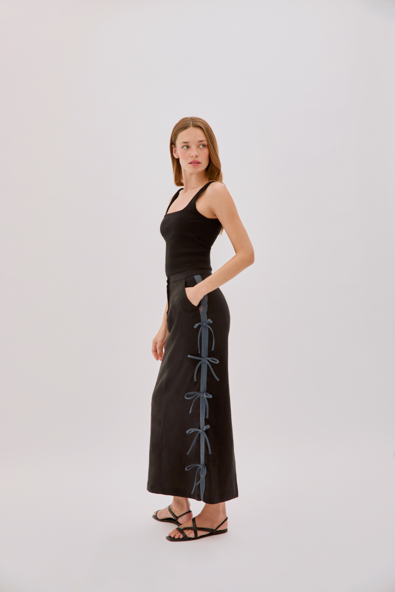 CAROLINA BLACK LINEN BOW MIDI SKIRT