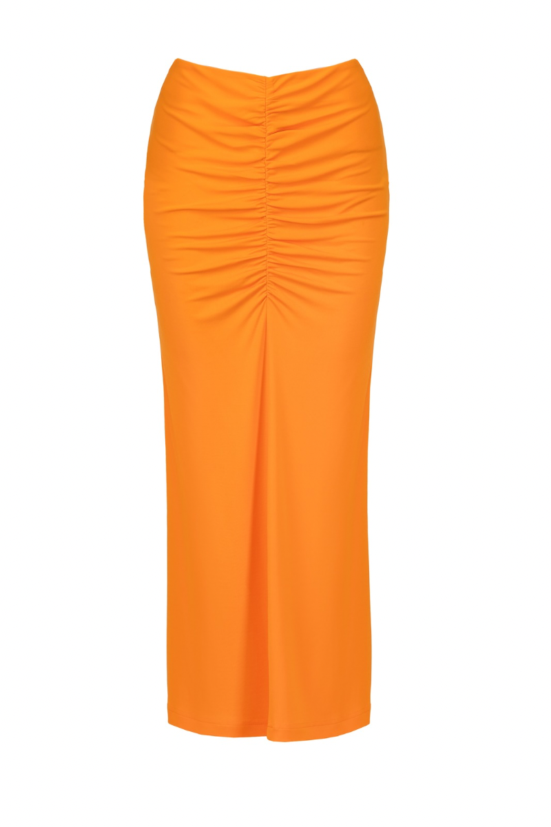 RUCHED MIDI SKIRT IN BRIGHT ORANGE