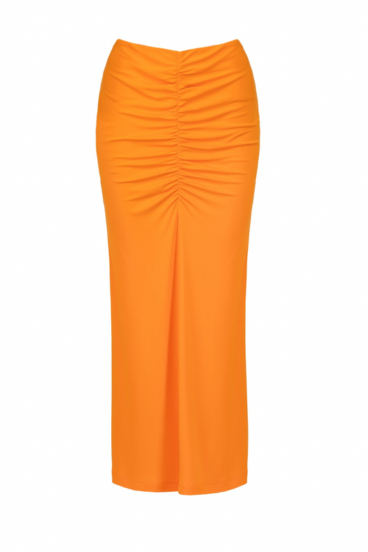 RUCHED MIDI SKIRT IN BRIGHT ORANGE