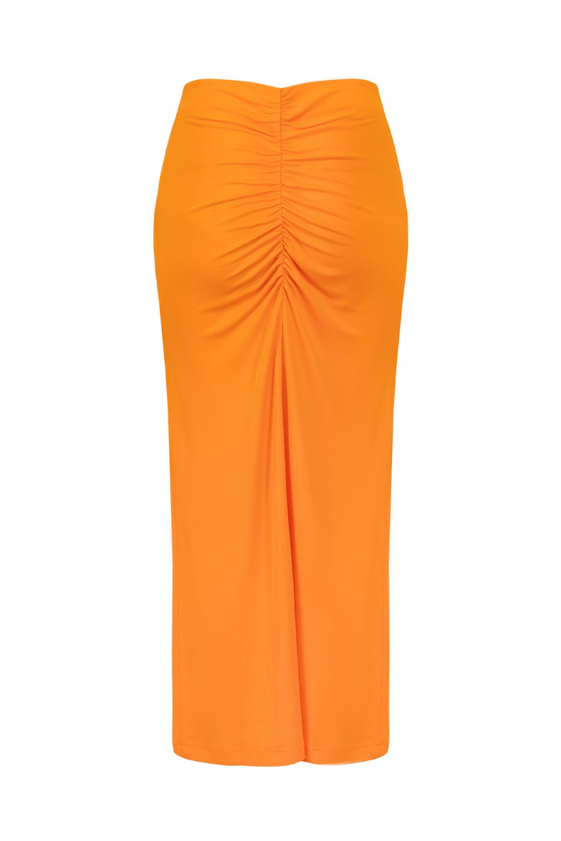 RUCHED MIDI SKIRT IN BRIGHT ORANGE