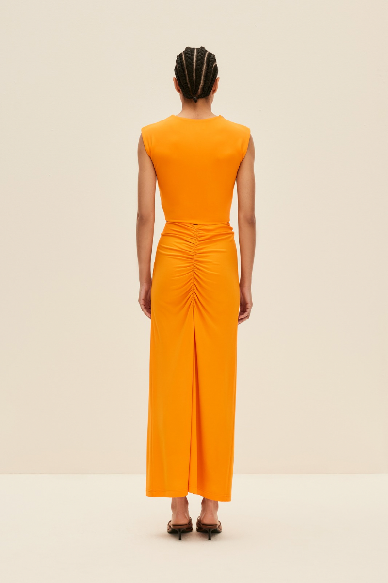 RUCHED MIDI SKIRT IN BRIGHT ORANGE