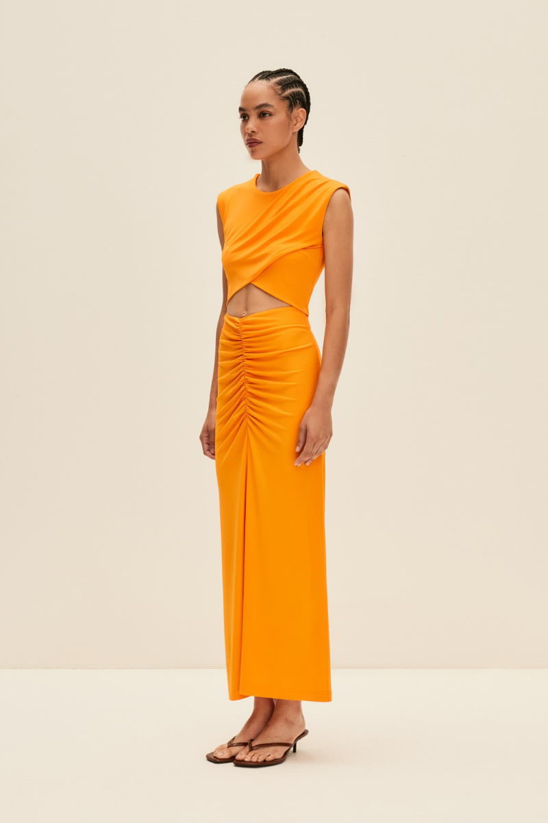 RUCHED MIDI SKIRT IN BRIGHT ORANGE