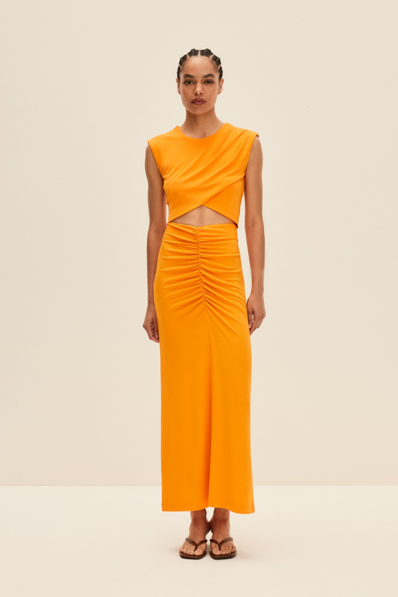 RUCHED MIDI SKIRT IN BRIGHT ORANGE