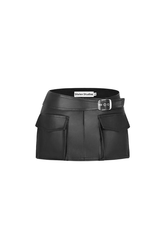 FAUX LEATHER BLACK RACING BELT MINI SKIRT