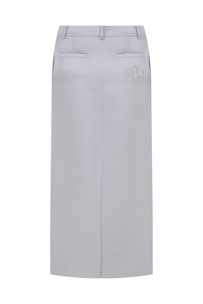 STRUCTURED SILVER SATIN SKIRT